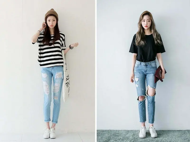 Áo thun form rộng diện cùng quần jeans