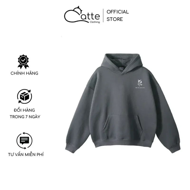 Áo Hoodie Nam Nữ Catte Clothing Mèo Lớn Nuốt Cá Bé Màu Ghi Xám