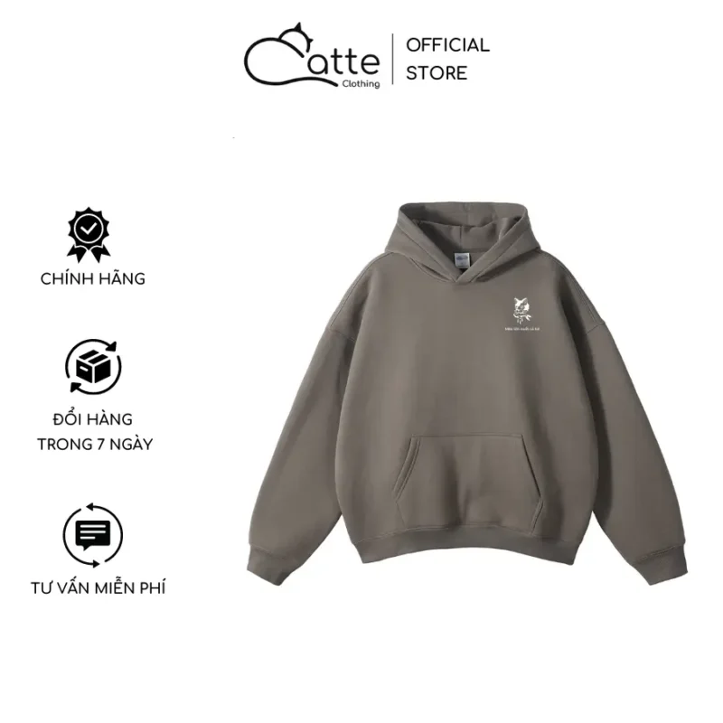 Áo Hoodie Nam Nữ Catte Clothing Mèo Lớn Nuốt Cá Bé Màu Nâu