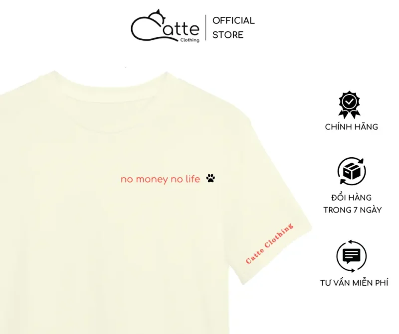 Áo Thun Nam Nữ Catte Clothing No Money No Life Màu Kem