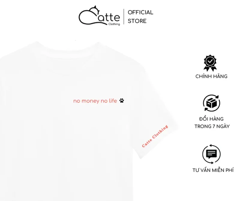 Áo Thun Nam Nữ Catte Clothing No Money No Life Màu Trắng