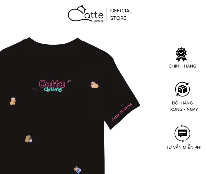 Áo Thun Nam Nữ Catte Clothing Sticker Capybara Màu Đen