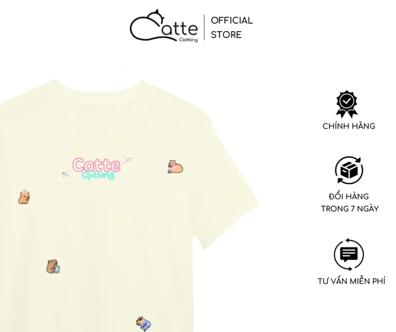 Áo Thun Nam Nữ Catte Clothing Sticker Capybara Màu Kem