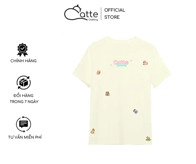 Áo Thun Nam Nữ Catte Clothing Sticker Capybara Màu Kem