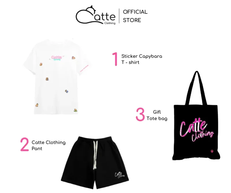 Combo 2 - Áo Quần Thun - Túi Tote Màu Đen Chữ Hồng Catte Clothing